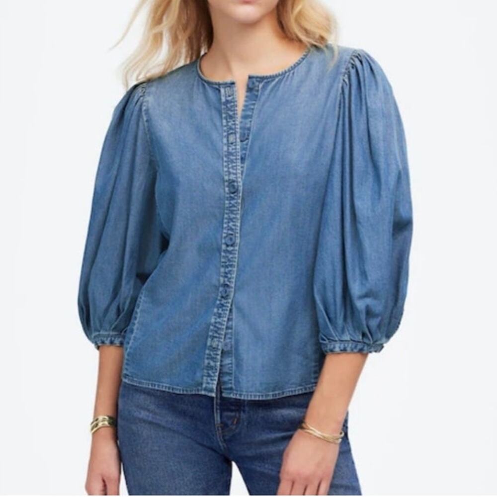 Madewell Denim Puff Sleeve Button Up Chambray Top Size 6 - Picture 2 of 9